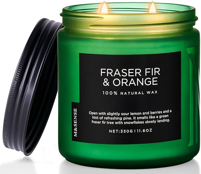 M&SENSE Fraser Fir Pine Scented Candle, Natural Soy Wax Non Toxic Candles 70 Hours 2 Cotton Wick 11.6oz Cozy Home Fragrance Aromatherapy Candle for Birthday Holiday Gifts