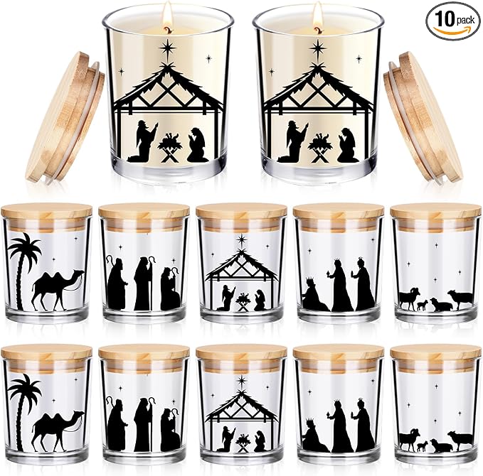 Ziliny 10 Pcs Christmas Glass Candle Jars Empty Containers Bulk 7 oz Glass Jars with Cork Lids Tins for Candle Making Storing Biscuits Tea Party Favors(Nativity)