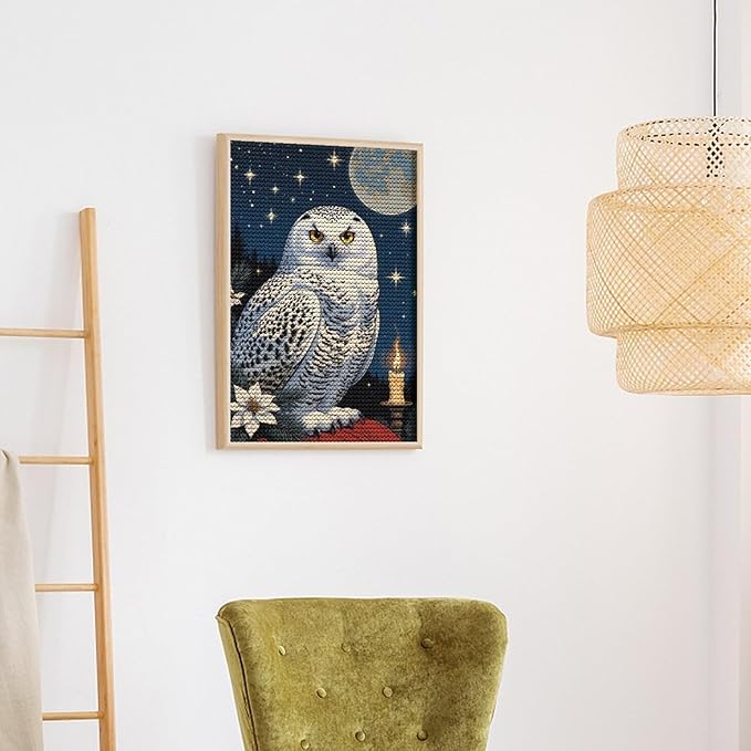 KIVJMSIDJA 5D Diamond Painting Kit for Snowy Owl & Candle Glow - Winter Night Scene Adults Full Drill Round Rhinestone Art Craft DIY Home Wall Decor 8"x12"