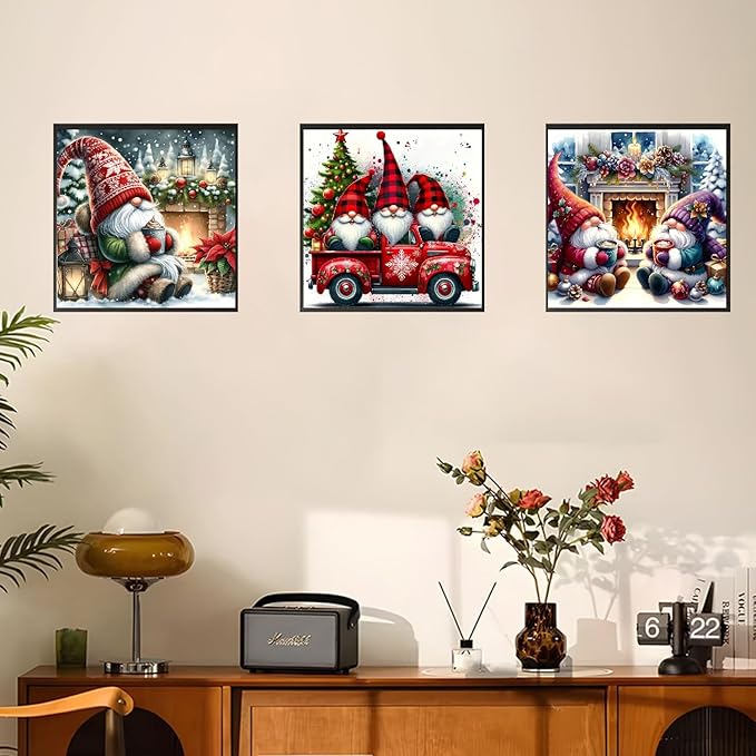 3 Pack Christmas Gnome Diamond Painting Kits For Adults-Red Car Gnomes Diamond Art Kits For Adults Beginner,Drink Coffee DIY 5D Full Round Drill Crystal Gem Art Crafts For Home Wall Decor 12x12 In