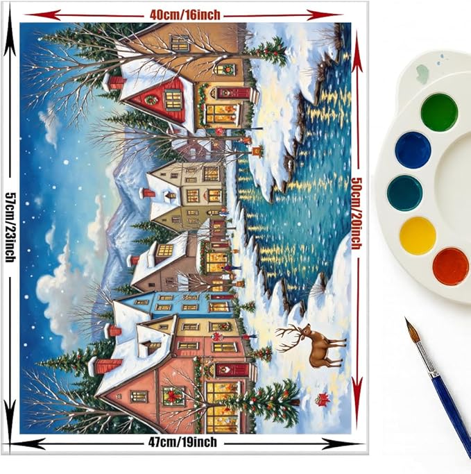 EnLvYY Christmas Village Paint by Numbers Adult 16x20 Inch, DIY Acrylic Painting Kit for Beginners, Winter Town Landscape Wall Art Home Decoration, Gift for Family and Friends, Unframed