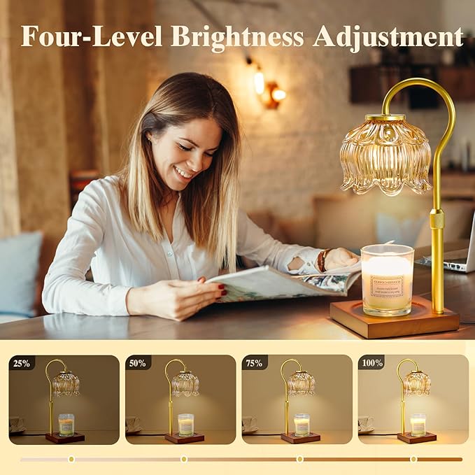 Shevvi Candle Warmer Lamp with Timer, Dimmable Candle Warmer for Jar Candles, Gifts for Women Mom, Height Adjustable Wax Melt Warmer, House Warming Birthday Gift, New Home Decor, Walnut Gold