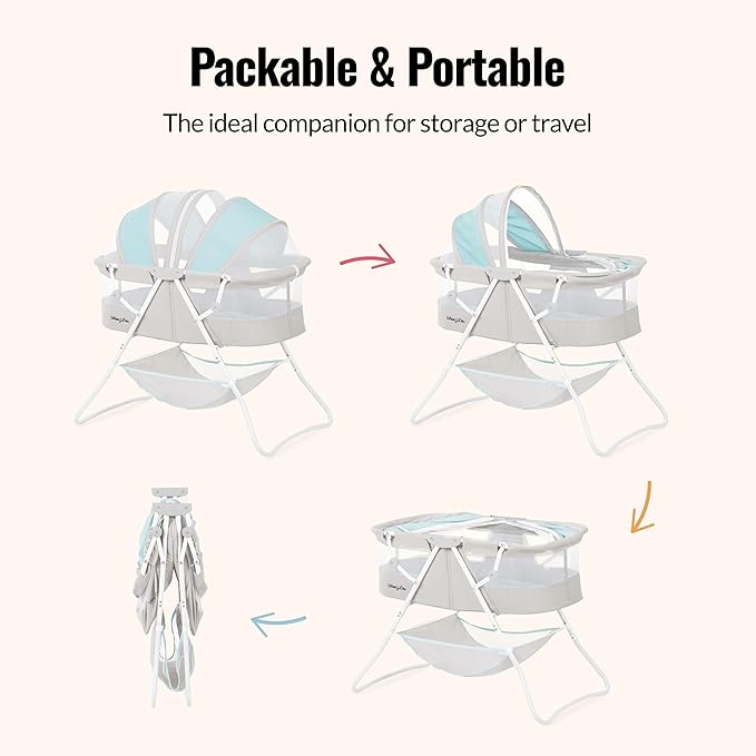 Dream On Me Karley Bassinet, Award Winner Lightweight Travel Baby Bassinet, Foldable Bedside Sleeper, Adjustable Double Canopy, Spacious Design, Soft Fabric, Storage Basket – Blue and Grey