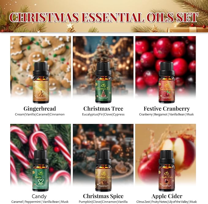 Winter Essential Oil Set, Essential Oils for Diffusers for Home, Fragrance Oil Gift Set | Gingerbread, Candy, Christmas Tree, Spice, Cranberry, Apple Cider | Aromatherapy, Candle & Soap Making