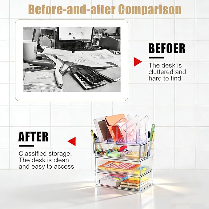 LALOBLUE Acrylic Desk Organizer with 4-Vertical File Holder Rack, 3-Clear Drawer and 2 Pen Holders, Desktop Storage for Office Desk Accessories School Classroom Organization (Clear)