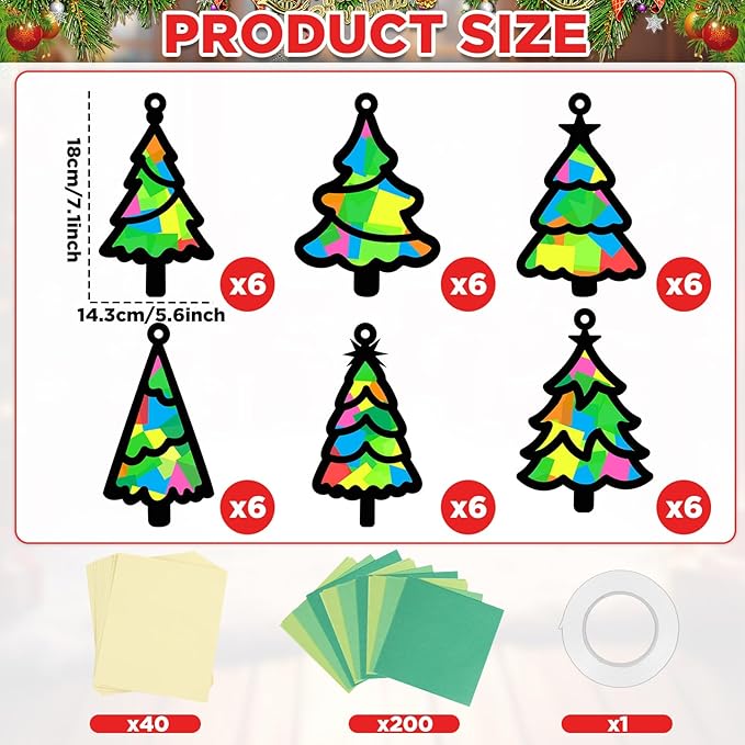 Qyeahkj 36 Set Christmas Tree Suncatchers Crafts for Kids DIY Xmas Tree Window Tissue Paper Craft Kit Hanging Decor for Christmas Winter Home Activity Art Project Birthday Party Favor Gift