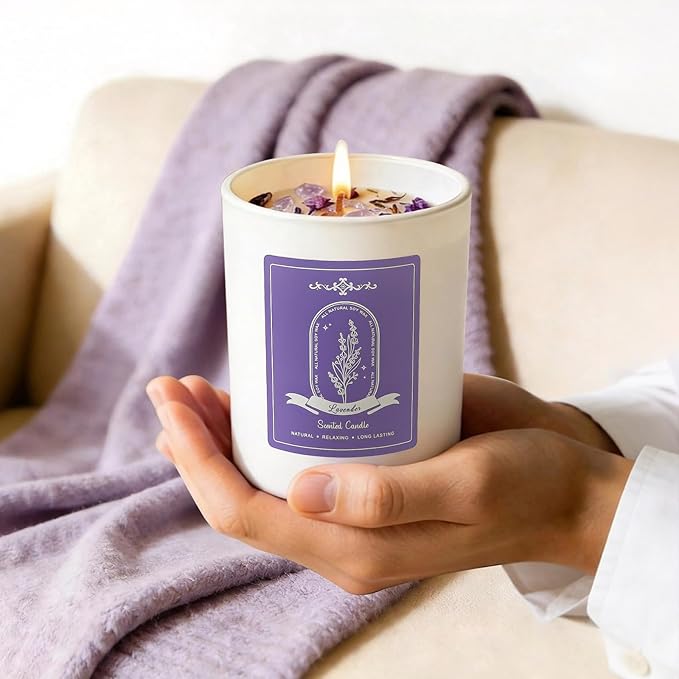 Lavender Scented Candle Gift - 10oz Natural Soy Wax with Crystals, 60H Long Lasting Aromatherapy Candle for Relaxation, Birthday Mother's Day Gifts for Women