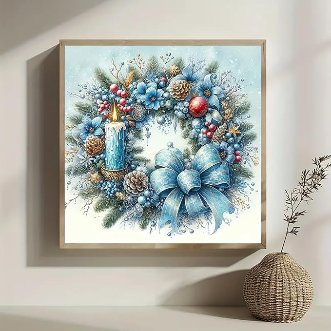 Christmas Candle Wreath Diamond Art Painting Kits for Adults, Winter Diamond Painting Kits for Adults Beginners, 5D DIY Full Drill Diamond Dot Gem Art Kits for Adult, Home Wall Decor 13.8x13.8 Inch