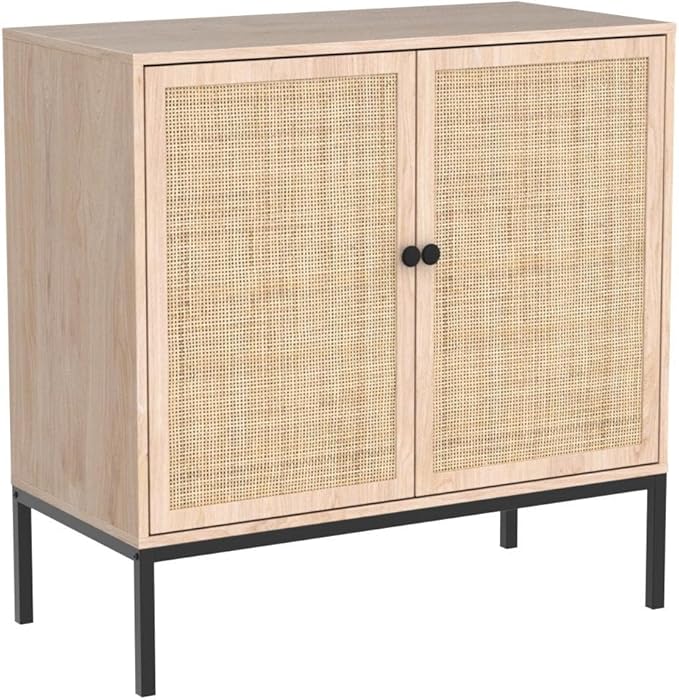 Yechen 31.5" Sideboard Cabinet with Natural Rattan Decorated Doors, Rattan Cabinet, Accent Buffet Console Storage Cane Credenza Cupboard, for Living Room Dining Room Entryway Kitchen, Metal Legs