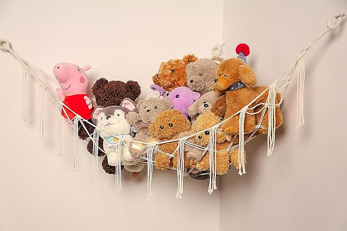 YKBU Stuffed Animals Hammock Corner Hanging Net Macrame Stuffed Animal Storage Plush Toy Holder Toy Organizer for Boho Nursery Playroom Bedroom Kids Room (cream, Large)
