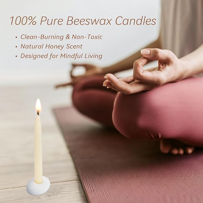 20 Minute 100% Pure Beeswax Candles, Mini Mindful Meditation Taper Candles, Smokeless & Dripless with Holder for Yoga, Prayer, Relaxation (White,24 Pack)
