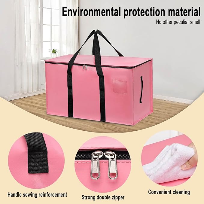 6 Pack Large Moving Bags with Zippers & Carrying Handles, Heavy Duty Storage Tote Moving Boxes，Space Saving(Pink, 6 Pack)
