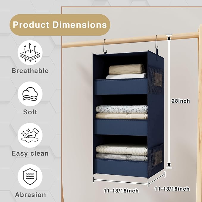 3-Shelf Hanging Closet Organizer and Storage, Foldable Hanging Closet Shelves Front Lip Design Washable Hanging Storage, Navy Blue