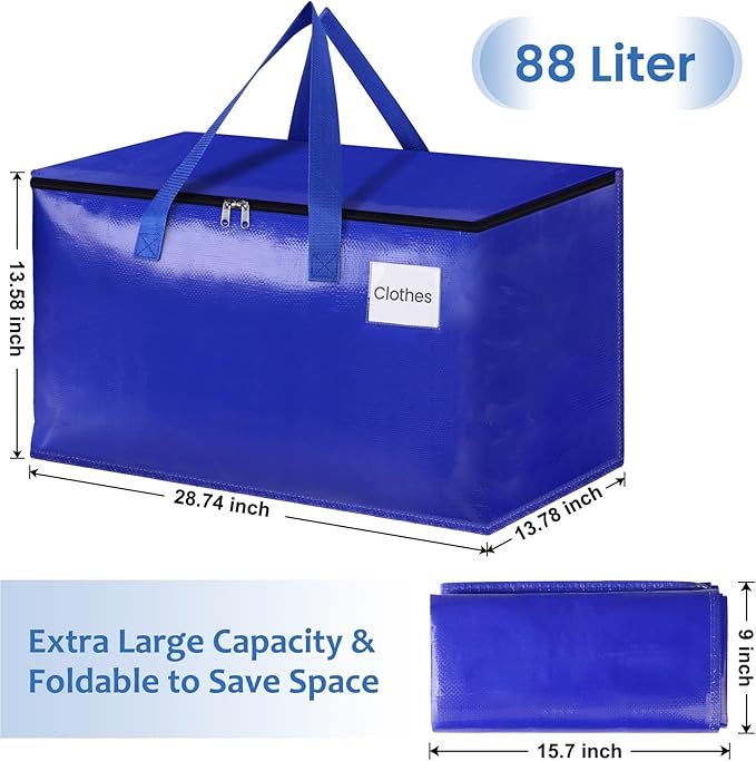 Moving Bags, Storage Bags with Sturdy Handles and Heavy Duty Zippers, Storage Totes for Space Saving, Moving & Storage, Collapsible Moving Supplies(88L, 8-Pack, Blue)