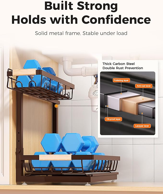 3 Pack Under Sink Organizer, Multi-Purpose 2 Tier Pull-Out Metal Under Kitchen Sink Organizer, Height Adjustable Storage Shelves for Kitchen Bathroom Cabinet (Brown)