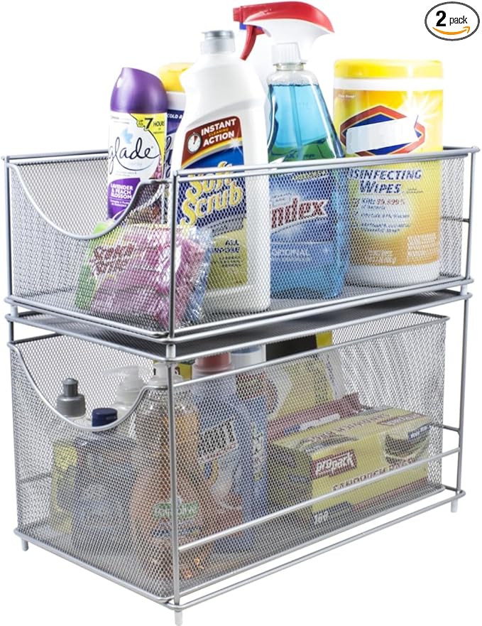 Sorbus® Cabinet Organizer Set —Mesh Storage Organizer with Pull Out Drawers—Ideal for Countertop, Cabinet, Pantry, Under the Sink, Desktop and More (Silver Two-Piece Set)