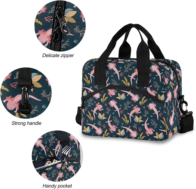 CBBYY Axolotl Lunch Bags for Women Men, Reusable Insulated Lunch Box, Adjustable Shoulder Straps Tote Lunch Bag for Work Picnic School