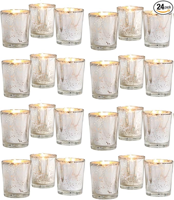 Hosley Set of 24 Silver Mercury Filled Glass Votive Candles. Ideal Gift for Weddings, Bridal Showers, Parties, Home Decor, and Special Events