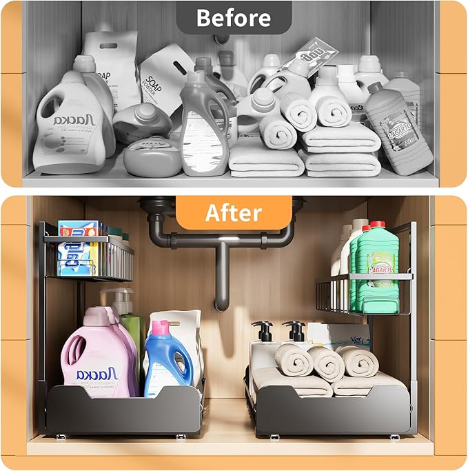 PureBox Under Sink Organizer, 2-Tier L-Shaped Pull Out Cabinet Shelf with 2 Installation Methods, Adjustable Sliding Storage Drawer for Kitchen, Bathroom, Laundry, Metal, Black