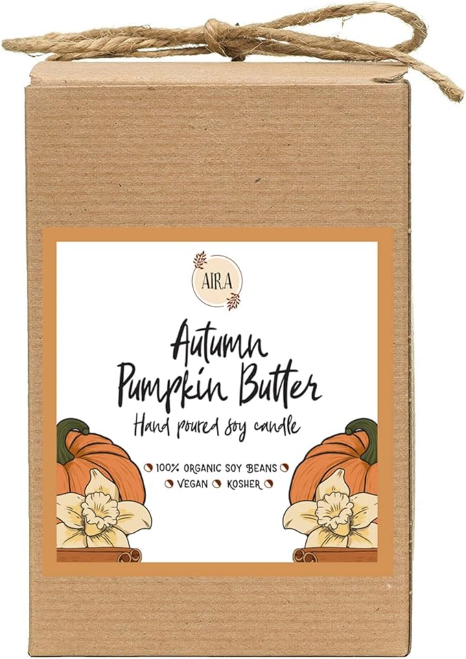 Aira Fall Soy Candles - Organic, Kosher, Vegan, Mason Jar Candle w/Aromatherapy Essential Oils - Hand-Poured 100% Soy Candle Wax - Paraffin Free, Burns 110+ Hours - Autumn Pumpkin Butter - 16 Ounces