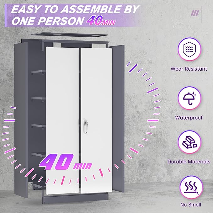 Superday Metal Storage Cabinets, 72" Storage Cabinet with Locking Door, Tall Garage Cabinet with 2 Doors and 4 Adjustable Shelves for Home Office, Classroom, Easy Assemble(White Grey)