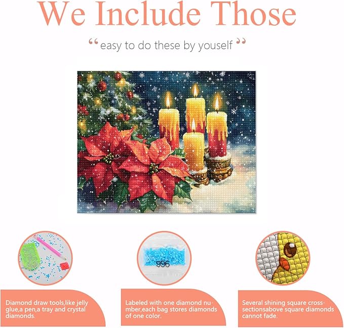 IMLQJES 5D Diamond Painting Kit for Adults - Candle Flower in Snow - DIY Christmas Diamond Square Diamond Art Kit - Winter Art for Home Wall Decor 12x16 Inch