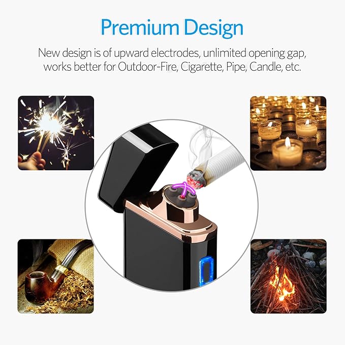 Electric Arc Lighter USB Rechargeable Windproof Flameless Plasma with Battery Indicator for Fire, Cigarette, Candle - Outdoors Indoors | Bright-Black (Upgraded).