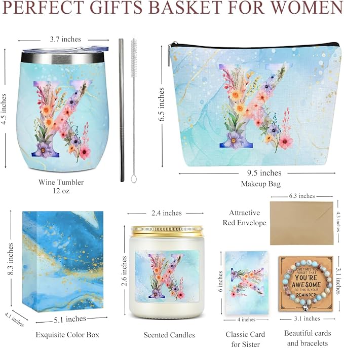 Personalized Gifts Monogrammed Birthday Gifts for Women, Soul Sister Bachelorette Party Wedding Christmas Initial Wine Tumbler Makeup Bag Scented Candle Bracelet Set, (Aesthetic Blue Flower K)