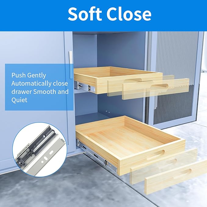 2 Set Pull Out Cabinet Organizer, Soft Close Slide Out Wood Drawer Storage Shelves for Kitchen, Base Cabinet Organization for Pantry, Finished, Heavy-Duty, Bottom Assembly (18” W x 21” D)