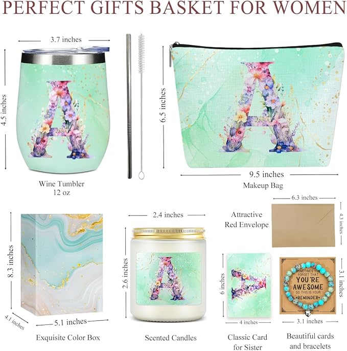 Personalized Gifts Monogrammed Birthday Gifts for Women, Bridesmaid Bachelorette Party Wedding Christmas Initial Wine Tumbler Makeup Bag Scented Candle Bracelet Set, (Aesthetic Green Flower A)