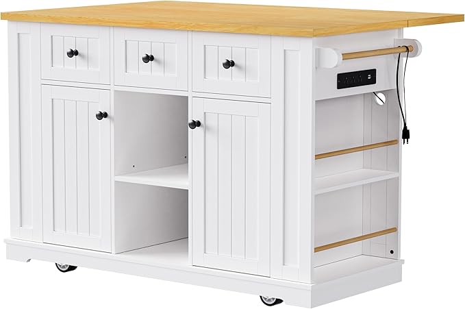 Amposei Kitchen Storage Island on Wheels with 2 Bar Stools, Rolling Drop Leaf Kitchen Island Cart with Power Outlet, Open Side Racks, Door Shelves and Towel Bar, 53-Inch, White