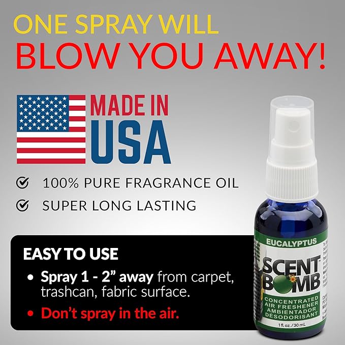 Scent Bomb Air Freshener Spray, Long-Lasting Odor Eliminator - Effective Deodorizer for Home & Car, Fresh Room Spray for Kitchen, Bathroom & Smell Neutralizer - 1 oz Pack of 4, Eucalyptus Scent
