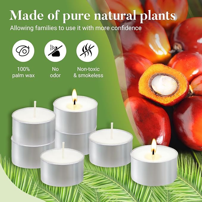 Unscented Tea Lights Candles 300 Pack,6 Hours Long Burning White Tea Candles Bulk,Non-Paraffin, Clean Burn, Smokeless, Palm Tealight Candles for Wedding,Centerpiece,Christmas Lights,Home Dceor