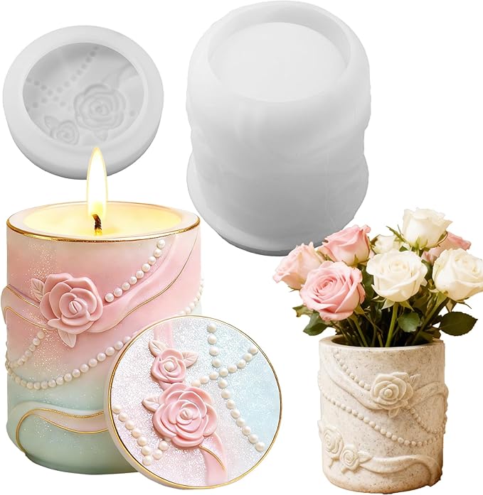 1 Pc Pearl Ribbon Rose Resin Jar Mold with Lid Delicate Cylindrical Flower Pot Candle Mold for Plaster Cement Concrete Epoxy DIY Home Decoration Jewelry Storage Box Candlestick Candy Jar