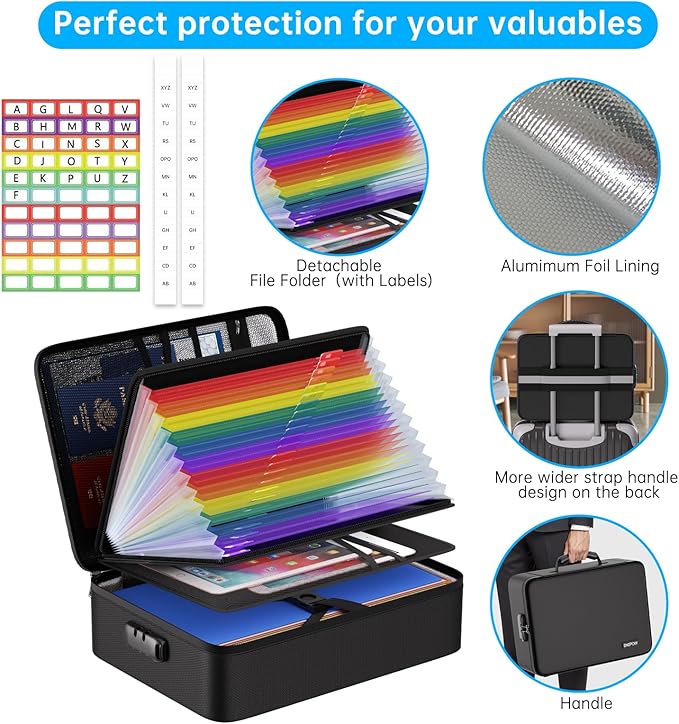 ENGPOW 5200℉ Soft Case Fireproof Document Box with Lock,Fireproof Box with 25 Colorful Pocket Accordion File Folder,Fireproof Water Resistant Safe File Organizer Storage for Important Documents