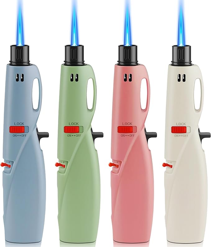 Samniu 4 Pack of Butane Torch Lighter, Windproof & Refillable, Adjustable Jet Flame Lighters with Safety Lock for Candle, Grill, Stove, Firework (NO Gas)