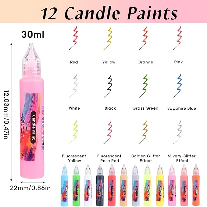 3D Candle Wax Pen Set, 12 Colors with Glitter & Neon, Vibrant Wax Paint for DIY Candle Decorating, Painting & Crafting Kit, Birthday, Holiday, Wedding & Party Crafts (30ml/1oz)