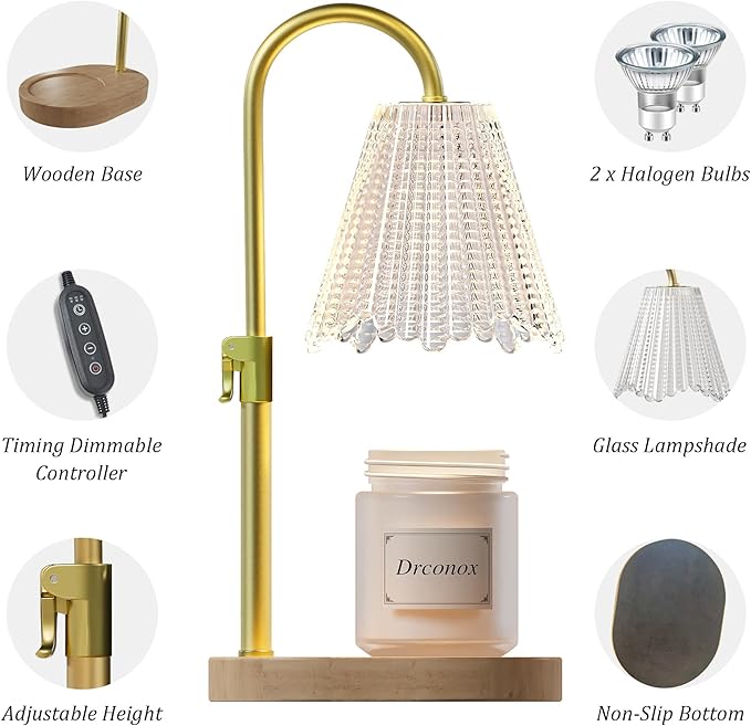 Candle Warmer Lamp with Timer Dimmable, Adjustable Height Wax Melt Warmer for Jar Candles, Birthday Gifts for Women, House Warming Gifts New Home Decor with 2 Bulbs, Gold