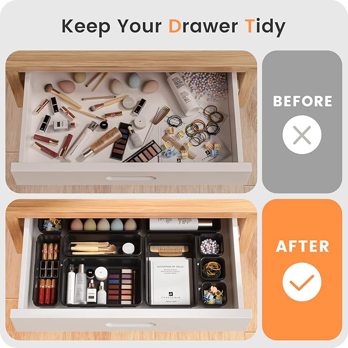 【𝟮𝟴𝗣𝗖𝗦】 【𝟱𝗦𝗶𝘇𝗲】 Black Drawer Organizer, Makeup organizer, 【Holds 177 Items】 Bathroom Organizers and Storage, Plastic Desk Organizer Divider, Organizer Bins for Office Vanity A-LUGEI