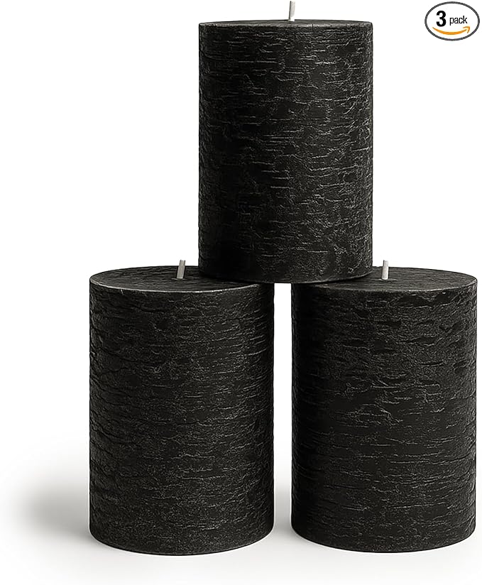 CANDWAX 3x4 inch Pillar Candles Set of 3 – Unscented Dripless Rustic Black Candles for Halloween Decor, Parties, Indoor Styling