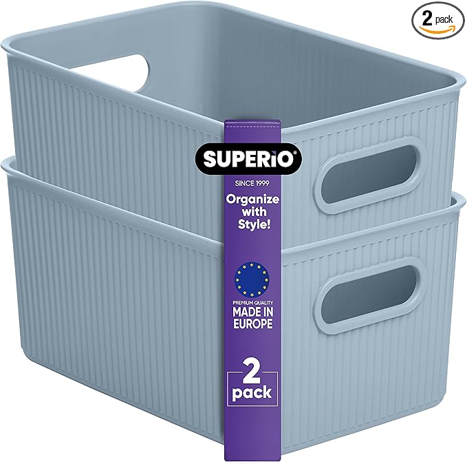 Superio Ribbed Collection - Decorative Plastic Basket Open Home Storage Bins Organizer, Medium Blue (2 Pack) Container Boxes for Organizing Closet Storage Bins for Shelves Drawer Shelf 5 Liter