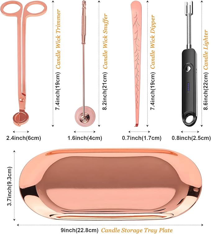 Lsnisni 5Pcs Accessory Set with Rechargeable Electric Lighter, Storage Tray, Wick Trimmer, Snuffer, Dipper, Stainless Steel Care Kit Gift Package for Candle Lover Rose Gold