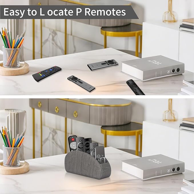 Remote Control Holder, Leather 5 Rooms Desk Organizer and Decorations for Living Room, Bedside Storage Remotes Caddy for TV Controllers/ Makeup Brush Pen/ Office Stationery/ Art Supplies/ Eyeglasses