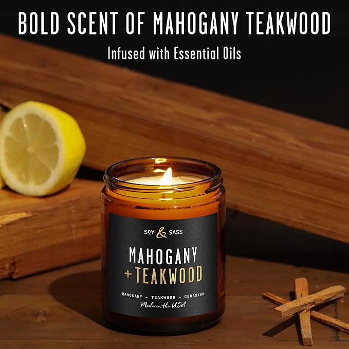 Mahogany Teakwood Candles I Scented Black Candles for Men or Women - Rich Mahogany, Teakwood & Geranium Soy Wax Mens Candle - Infused w/Essential Oils I 50Hr Burn, 9oz I Non Toxic I Made in USA