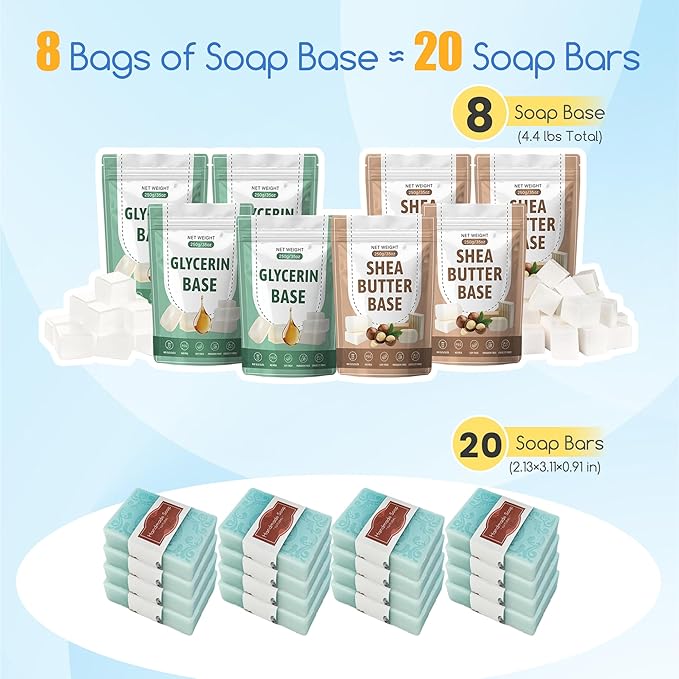 Deluxe Soap Making Supplies Kit for Adults, All-in-One Soap Making Kits with Soap Melter, 4.4 Lb Soap Base, 8 Essencial Oils,8 Dyestuffs, Silicone Molds, Soap Cutters and Packing Craft Soap Kit