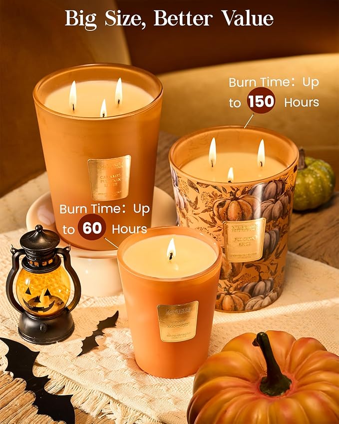 M&SENSE Pumpkin Spice Soy Candle, 14.1oz 60H Slow Burning, Aromatherapy Candle for Living Room Cozy Winter Holiday Housewarming Gifts