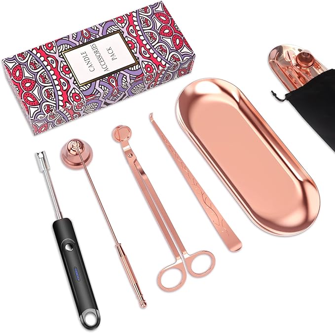 Lsnisni 5Pcs Accessory Set with Rechargeable Electric Lighter, Storage Tray, Wick Trimmer, Snuffer, Dipper, Stainless Steel Care Kit Gift Package for Candle Lover Rose Gold