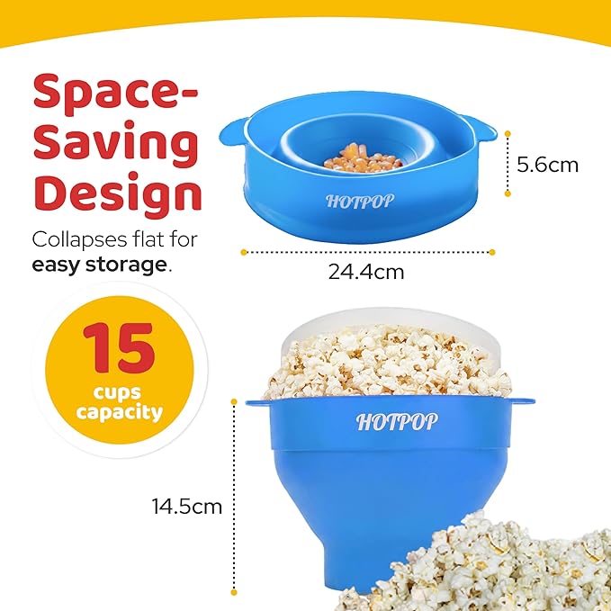 The Original Hotpop Microwave Popcorn Popper, Silicone Popcorn Maker, Collapsible Bowl BPA-Free and Dishwasher Safe- 20 Colors Available (Azure)