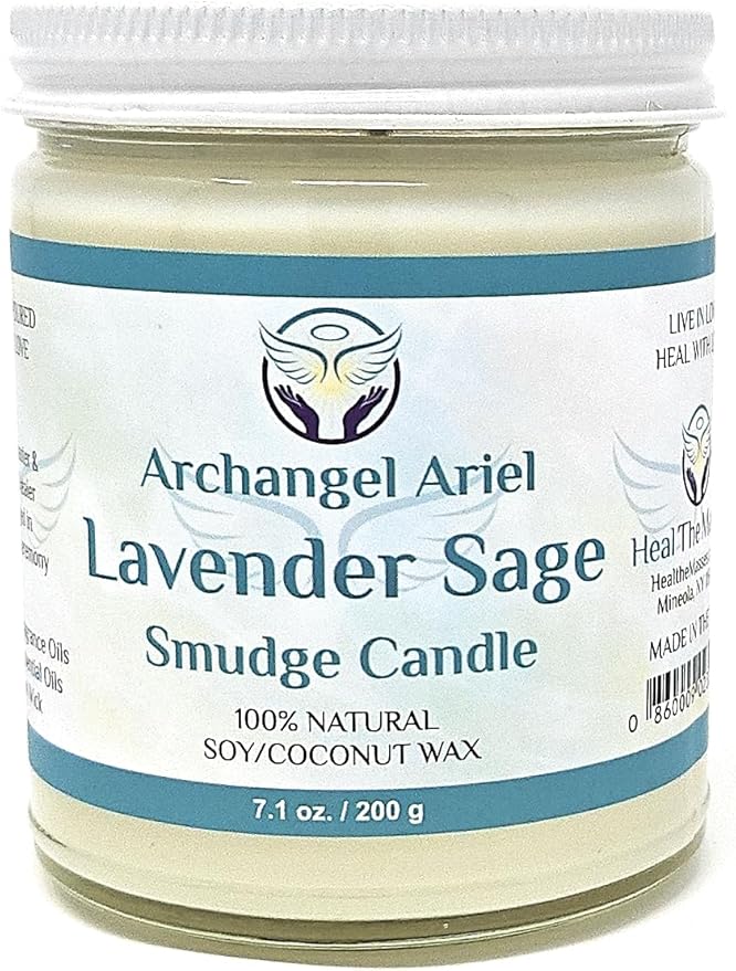 Lavender Sage Candle - Archangel Ariel Candle for Chakra Healing & Energy Cleansing - Reiki Charged White Sage Candle for Home (7 oz)