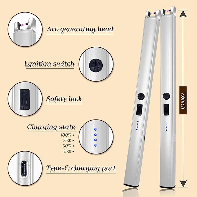 2 PCS Candle Lighter,Windproof Flameless Electric Lighter with LED Power Display ＆ Safety Switch, Upgraded Plasma USB Rechargeable Lighters for Birthday Camping BBQ (Silvery)